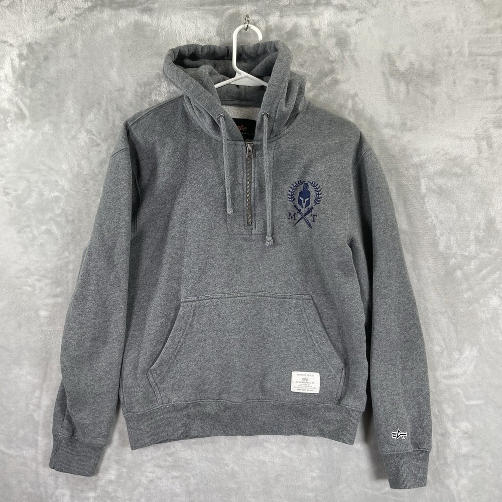 Alpha Industries Hoodie men's XS Pullover 1/4 Zip Sweatshirt Gray Sports Outdoor